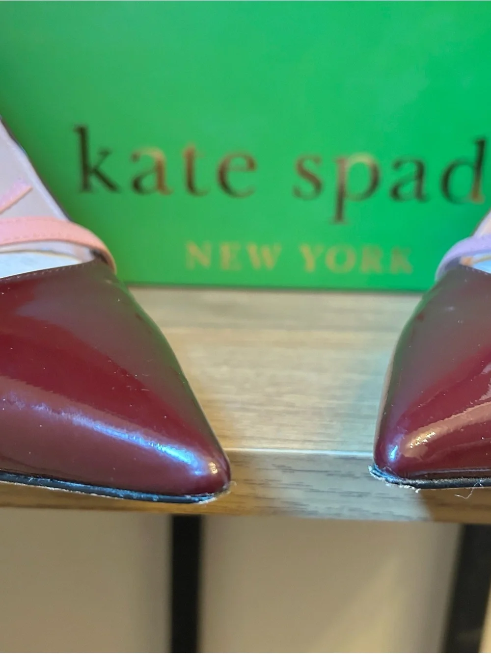 Kate Spade Viola Deep Cherry Patent Pointed-Toe Pumps with Pink Bow Strap - 8B/M - Picture 4 of 6